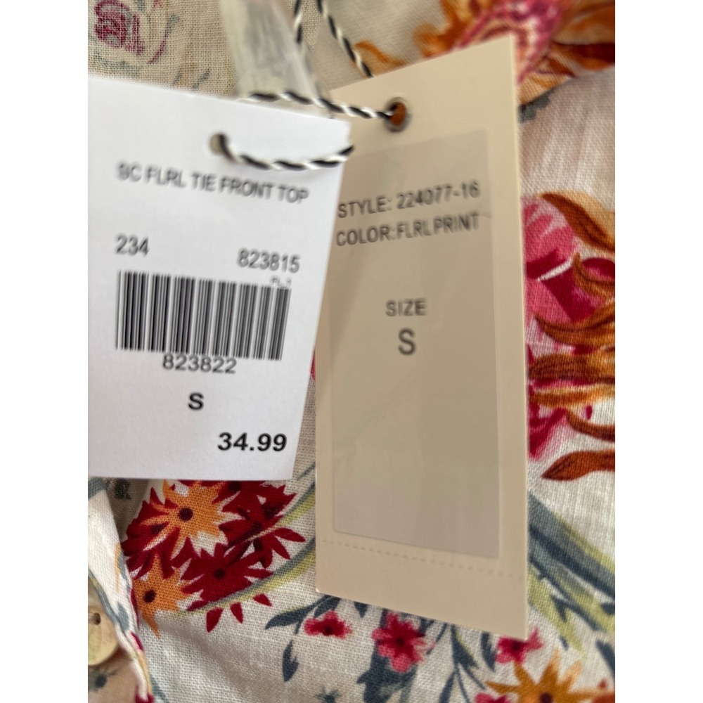 Kaktus Womens Floral Tie Front Top Button Down Puff Sleeve Blouse White Pink S - Picture 9 of 9